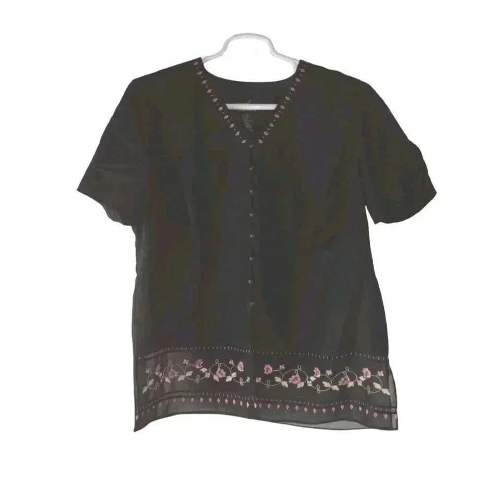 Positive Attitude Women's Blouse-Size 16 Petite-Floral Embroidery-Button Front